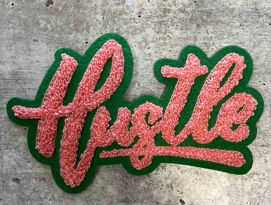 New SIZE, 1-pc Pink & Green "Hustle" Chenille Patch (iron-on) Size 6"x4", Varsity Patch for Denim, Camos, Hoodies, Small Patch