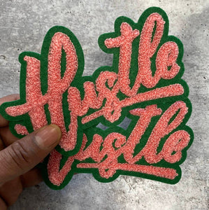 New SIZE, 1-pc Pink & Green "Hustle" Chenille Patch (iron-on) Size 6"x4", Varsity Patch for Denim, Camos, Hoodies, Small Patch