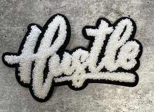 New SIZE, 1-pc White & Black "Hustle" Chenille Patch (iron-on) Size 6"x4", Varsity Patch for Denim, Camos, Hoodies, Small