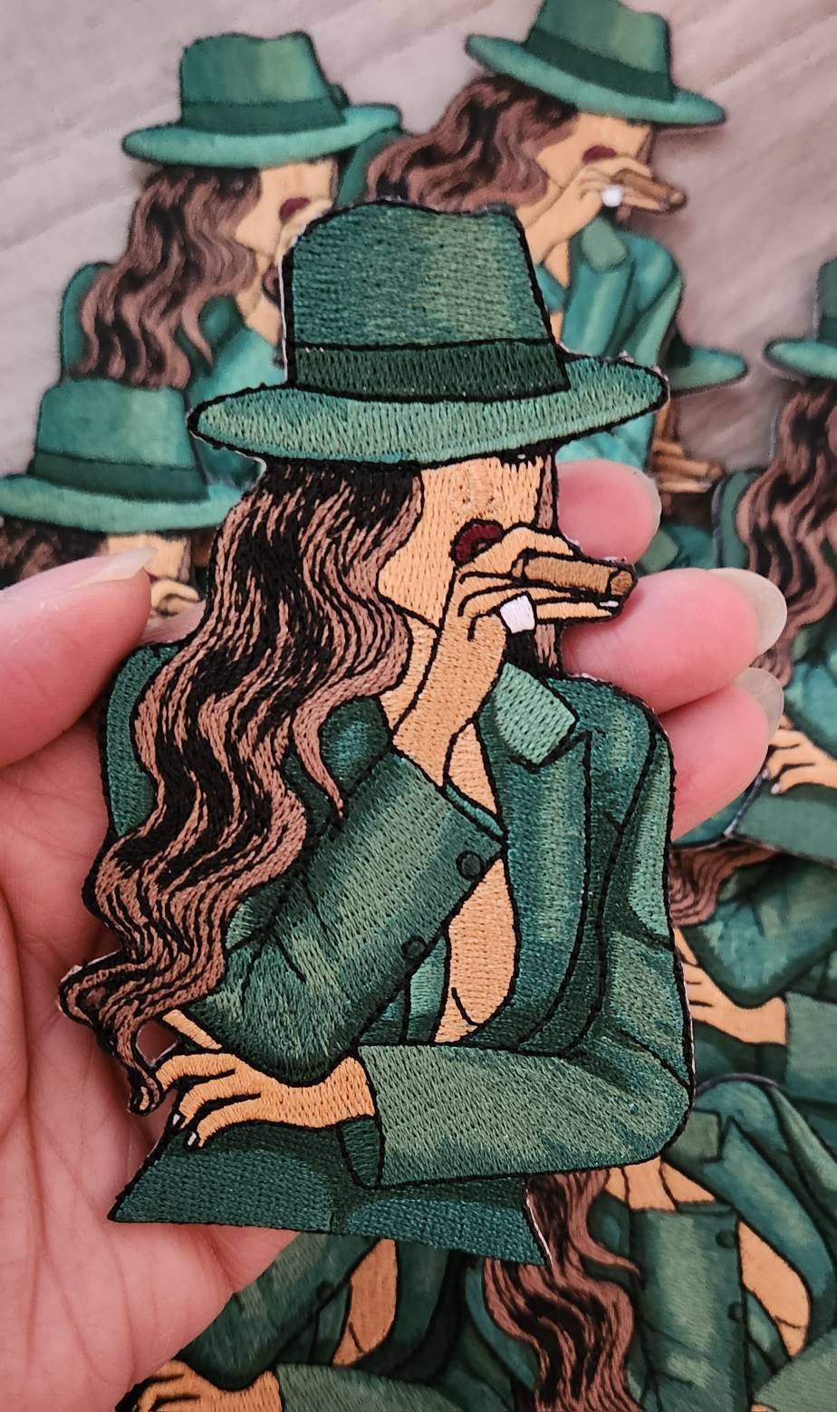 Stogie Chic 1-pc "EMERALD GREEN" Fedora/Blazer/Cigar, Smoking Patch, Iron-on Applique for Clothing, Hats, Crocs, Bags, and more!! Size 4.5"