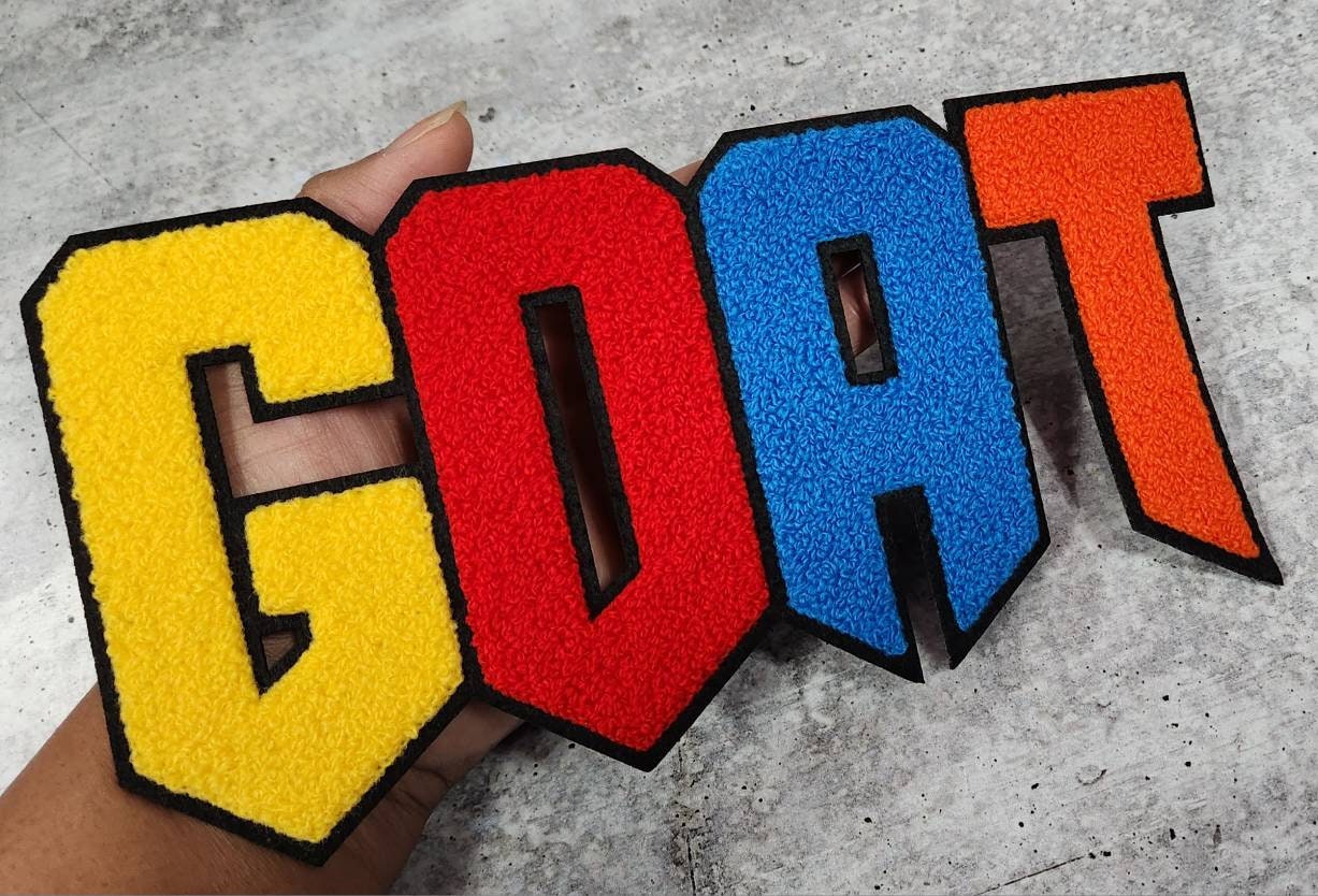 NEW, 1-pc Colorful "GOAT" Chenille Iron-On Patch, Size 9"x5", Large Patch for Varsity Jackets, Denim Jackets, Shirts, & Hoodies