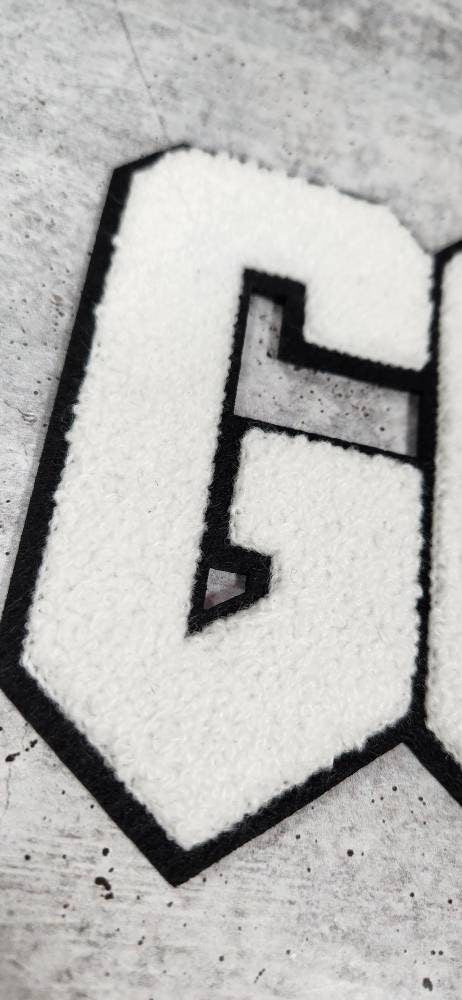 NEW, 1-pc White & Black "GOAT" Chenille Iron-On Patch, Size 9"x5", Large Patch for Varsity Jackets, Denim Jackets, Shirts, Hoodies