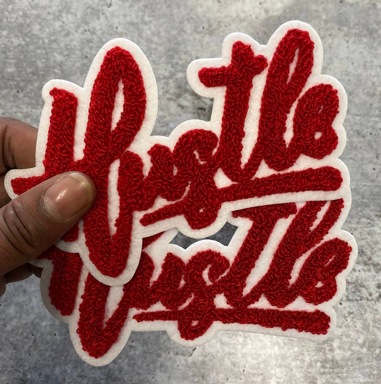 New SIZE, 1-pc Red & White "Hustle" Chenille Patch (iron-on) Size 6"x4", Varsity Patch for Denim, Camos, Hoodies, Small Patch