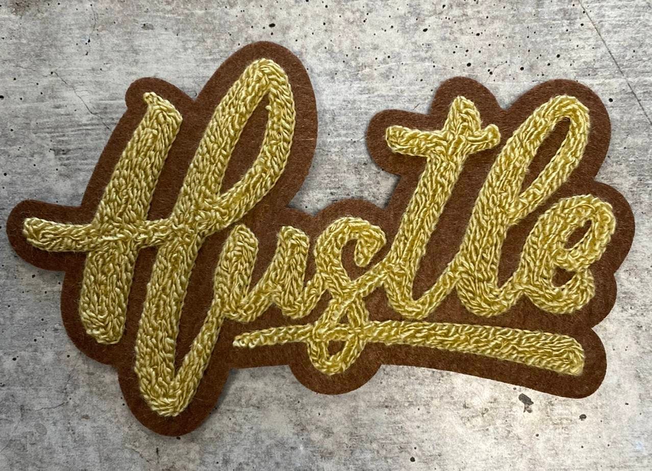 New SIZE, 1-pc Tan & Brown "Hustle" Chenille Patch (iron-on) Size 6"x4", Varsity Patch for Denim, Camos, Hoodies, Small Patch