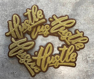 New SIZE, 1-pc Tan & Brown "Hustle" Chenille Patch (iron-on) Size 6"x4", Varsity Patch for Denim, Camos, Hoodies, Small Patch