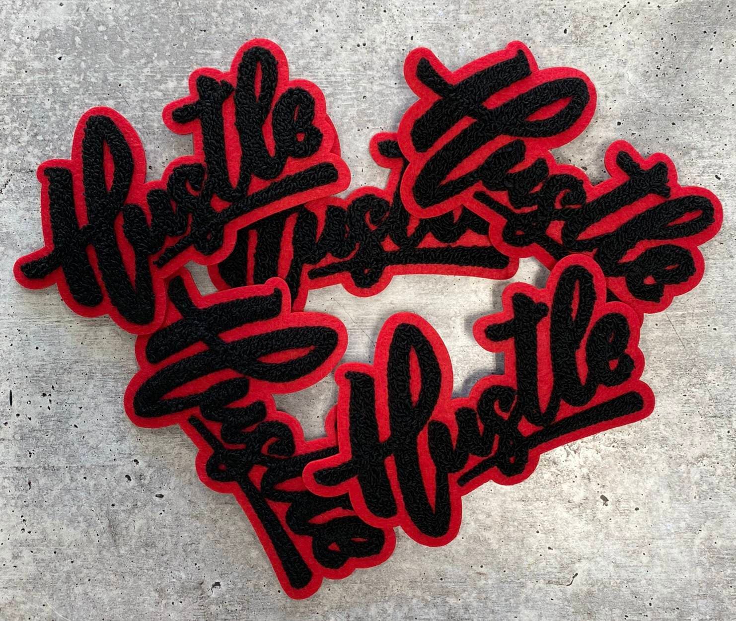New SIZE, 1-pc Black & Red "Hustle" Chenille Patch (iron-on) Size 6"x4", Varsity Patch for Denim, Camos, Hoodies, Small Patch