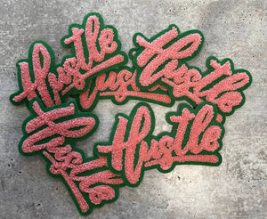 New SIZE, 1-pc Pink & Green "Hustle" Chenille Patch (iron-on) Size 6"x4", Varsity Patch for Denim, Camos, Hoodies, Small Patch
