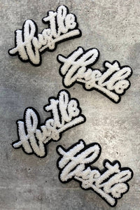 New SIZE, 1-pc White & Black "Hustle" Chenille Patch (iron-on) Size 6"x4", Varsity Patch for Denim, Camos, Hoodies, Small