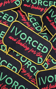 Funny Patch, 1-pc "Ivorced and Looking for the D" Statement Patch, Sz 3.6"x3.5", for Clothing, Iron-On Embroidered Patch, Divorce Gift