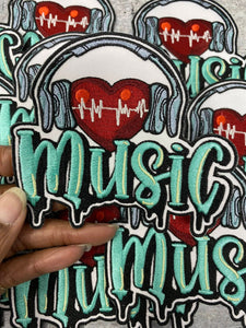 New, 1-pc "I Love Music" Heart & Headphone Patch, Music Lovers Iron-on Embroidered Patch, Size 4", Patch for Jackets, Hats, Crocs, Bags