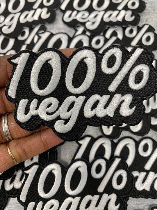 Vegan Collection: New, 1-pc, "100% Vegan" Sz 3"x1.5" Iron-on Embroidered Patch, Gift for Vegans, Plant Based Accessory for Denim, Camo, Hats