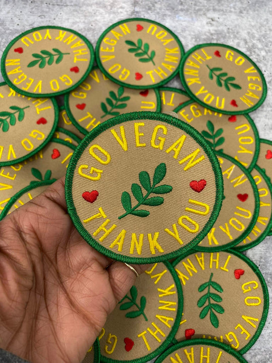 Vegan Collection: New, 1-pc, "Go Vegan, Thank You" 2.25" Circular, Iron-on Embroidered Patch, Gift for Vegans, Cute Patch for Jackets, Hats