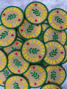 Vegan Collection: New, 1-pc, "Go Vegan, Thank You" 2.25" Circular, Iron-on Embroidered Patch, Gift for Vegans, Cute Patch for Jackets, Hats