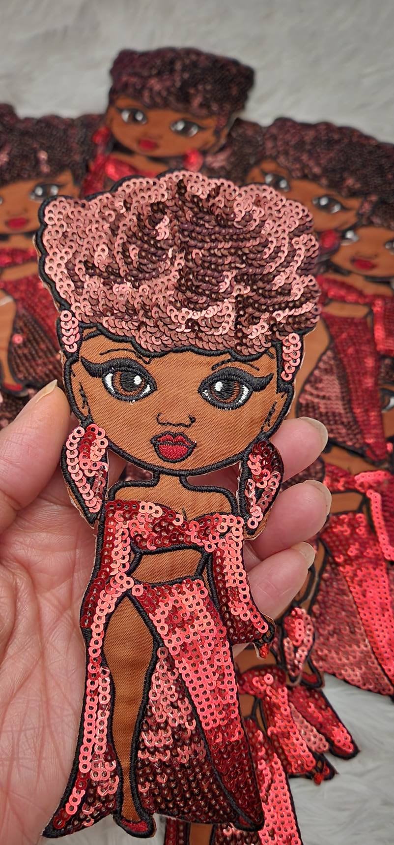 New, "Foxy Red Carlotta" Sequins & Satin, 6" Patch, Iron-on Applique for DIY Projects, Black Girl Patch,Camo and Denim Jacket Patch