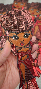 New, "Foxy Red Carlotta" Sequins & Satin, 6" Patch, Iron-on Applique for DIY Projects, Black Girl Patch,Camo and Denim Jacket Patch