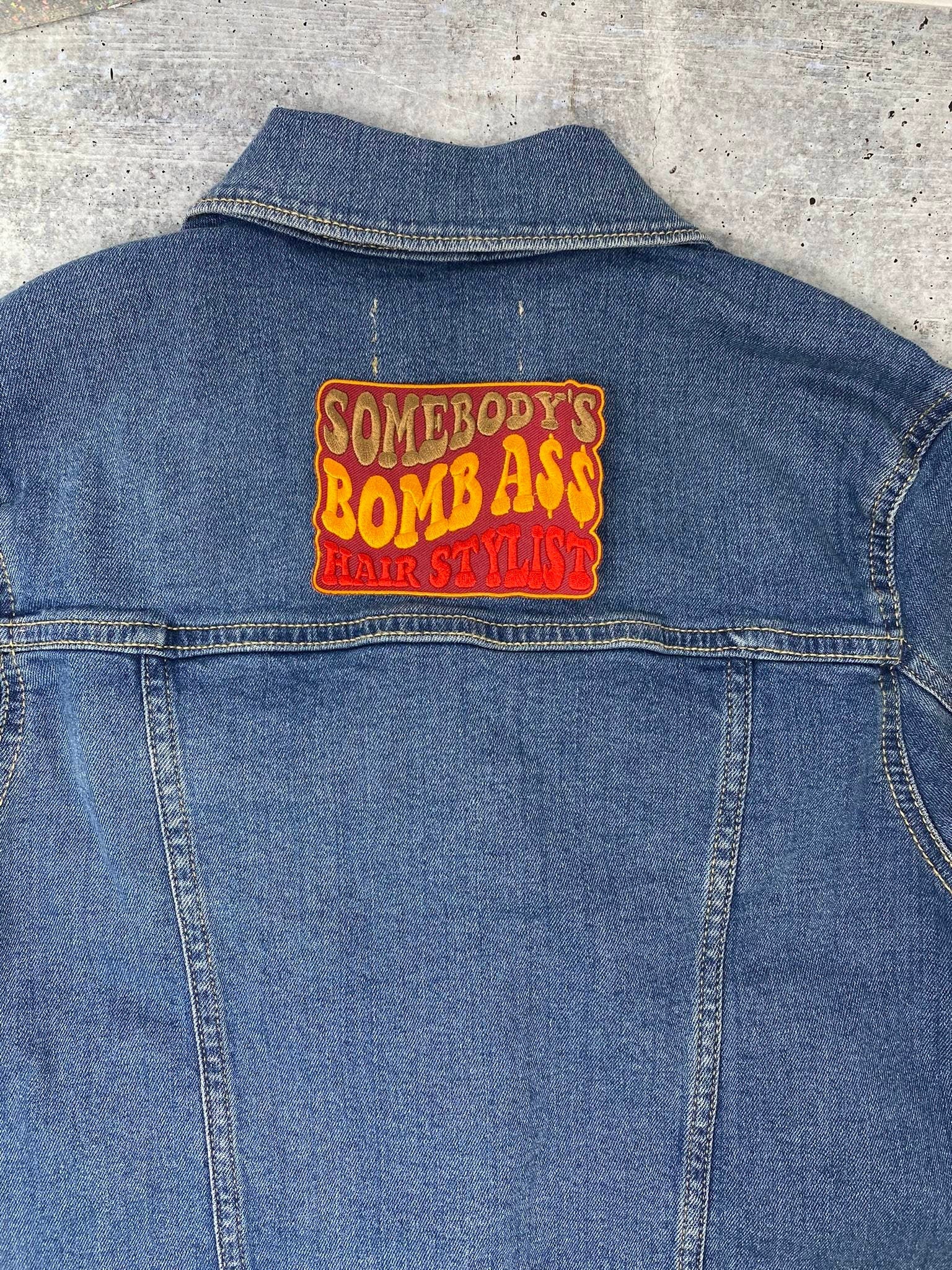 New, "Somebody's Bomb Ass HAIR STYLIST" 1-pc, Iron-on Embroidered Patch, Cute Patch for Jackets, Hats, Crocs, Gifts for Stylist, Funny Gifts