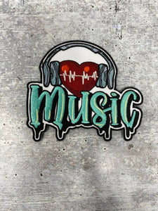 New, 1-pc "I Love Music" Heart & Headphone Patch, Music Lovers Iron-on Embroidered Patch, Size 4", Patch for Jackets, Hats, Crocs, Bags