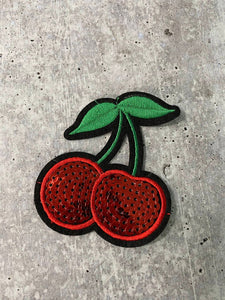 New, 2-pc Set, "Sparkling Cherry Patch" Embroidery and Sequins Fruit Design for Clothing and Accessories, Iron-on Applique, Size 2", Novelty