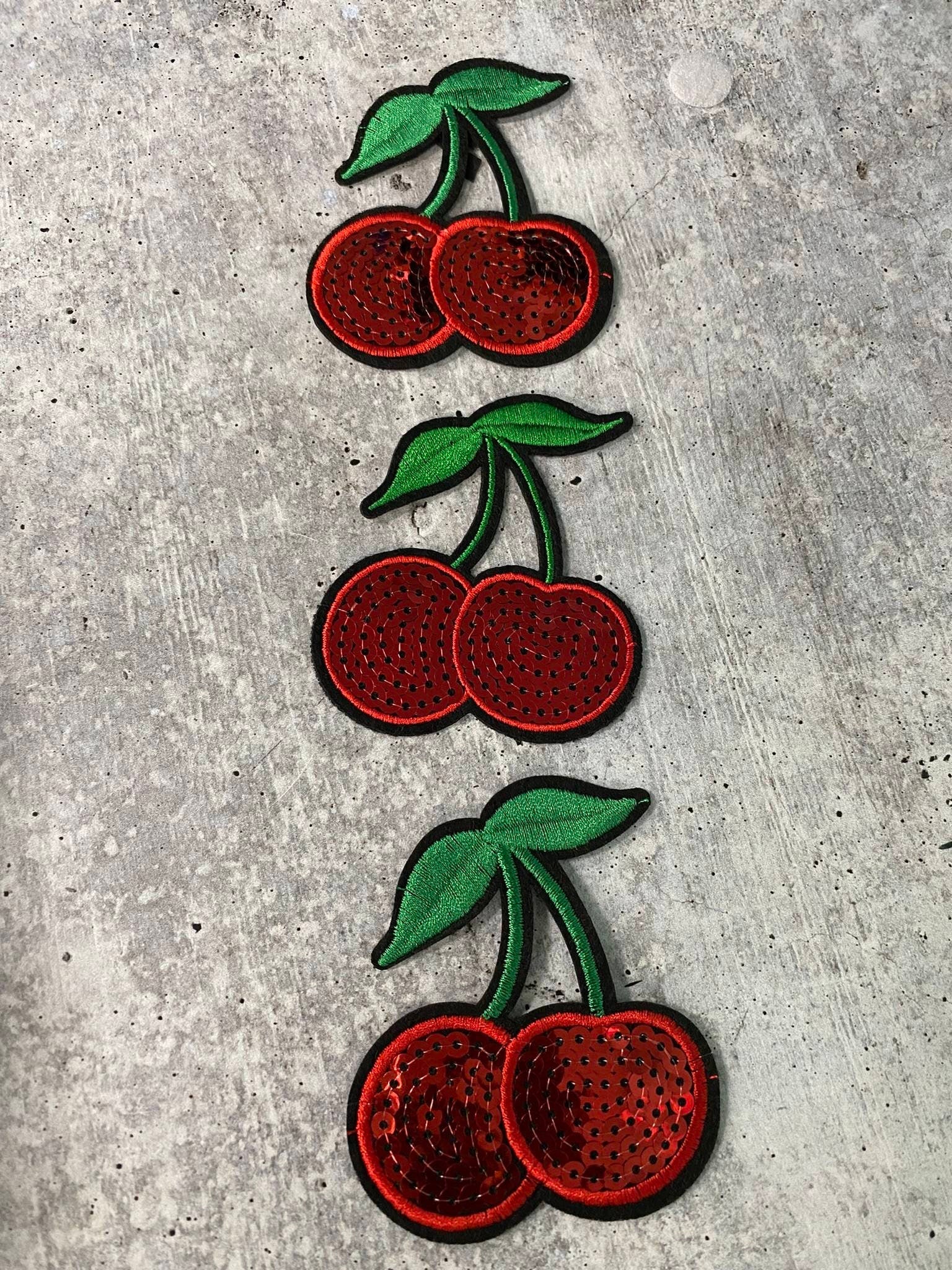 New, 2-pc Set, "Sparkling Cherry Patch" Embroidery and Sequins Fruit Design for Clothing and Accessories, Iron-on Applique, Size 2", Novelty
