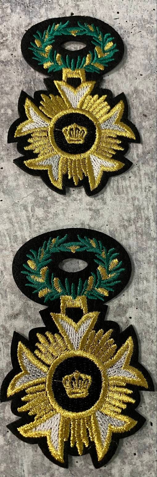 New, 2-pc Regal "Crown" Embroidered Patch, Iron-on Heraldic Royalty Crest, w Metallic Gold Thread, Small, 3" Patch for Jackets & Blazers
