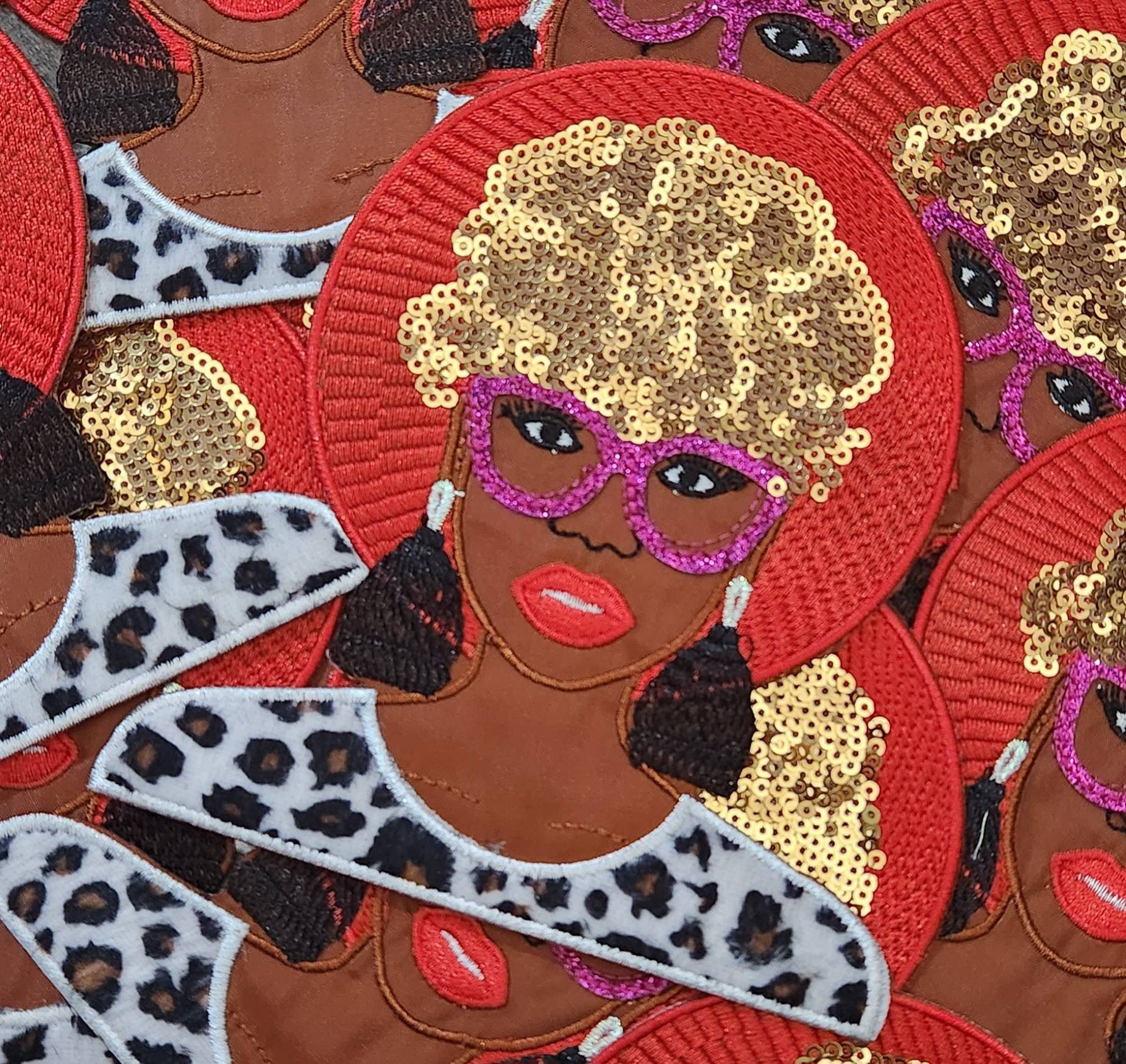 Sparkling Black Girl Power: "Lady in Fur Leopard Top & Gold Hair" Sequins and Satin Embroidered Patch, Size 6" Patch, 1-pc Iron-on Applique