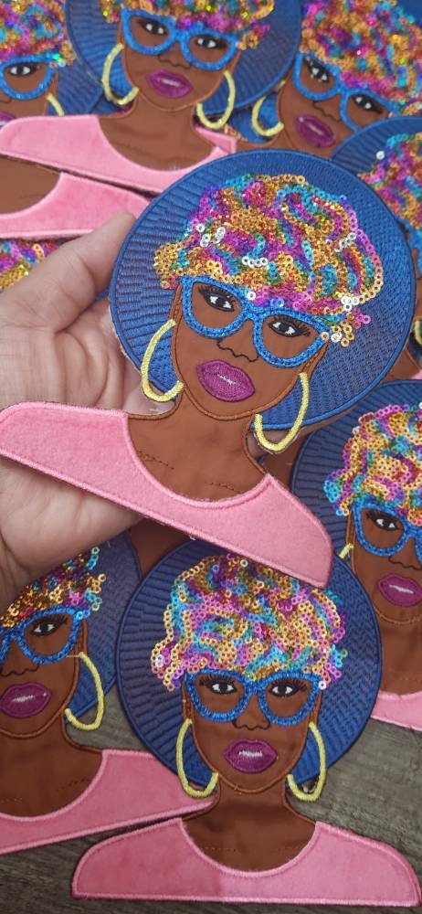 Sparkling Black Girl Power: "Lady in Pink Fur Top, Rainbow Hair" Sequins and Satin Embroidered Patch, Size 6" Patch, 1-pc Iron-on Appliqu̩