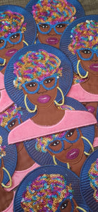 Sparkling Black Girl Power: "Lady in Pink Fur Top, Rainbow Hair" Sequins and Satin Embroidered Patch, Size 6" Patch, 1-pc Iron-on Appliqu_©