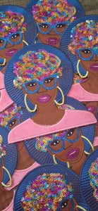 Sparkling Black Girl Power: "Lady in Pink Fur Top, Rainbow Hair" Sequins and Satin Embroidered Patch, Size 6" Patch, 1-pc Iron-on Appliqu̩