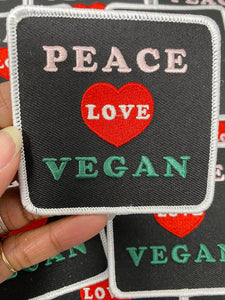 Vegan Collection: New, 1-pc, "Peace, Love, Vegan" Sz 3", Iron-on Embroidered Patch, Gift for Vegans, Cute Patch for Denim, Camo, Hats