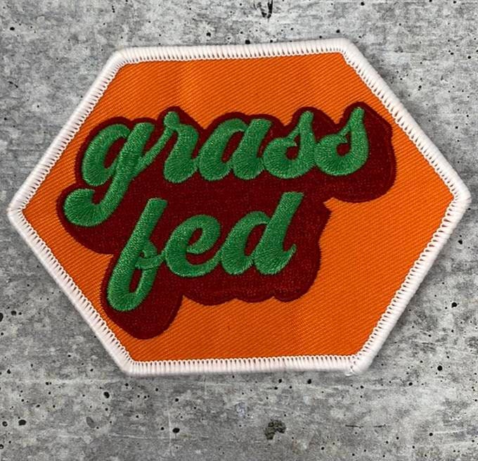 Vegan Collection: New, 1-pc, "Grass Fed", Sz 3", Iron-on Embroidered Patch, Gift for Vegans, Cute Patch Jackets, Hat