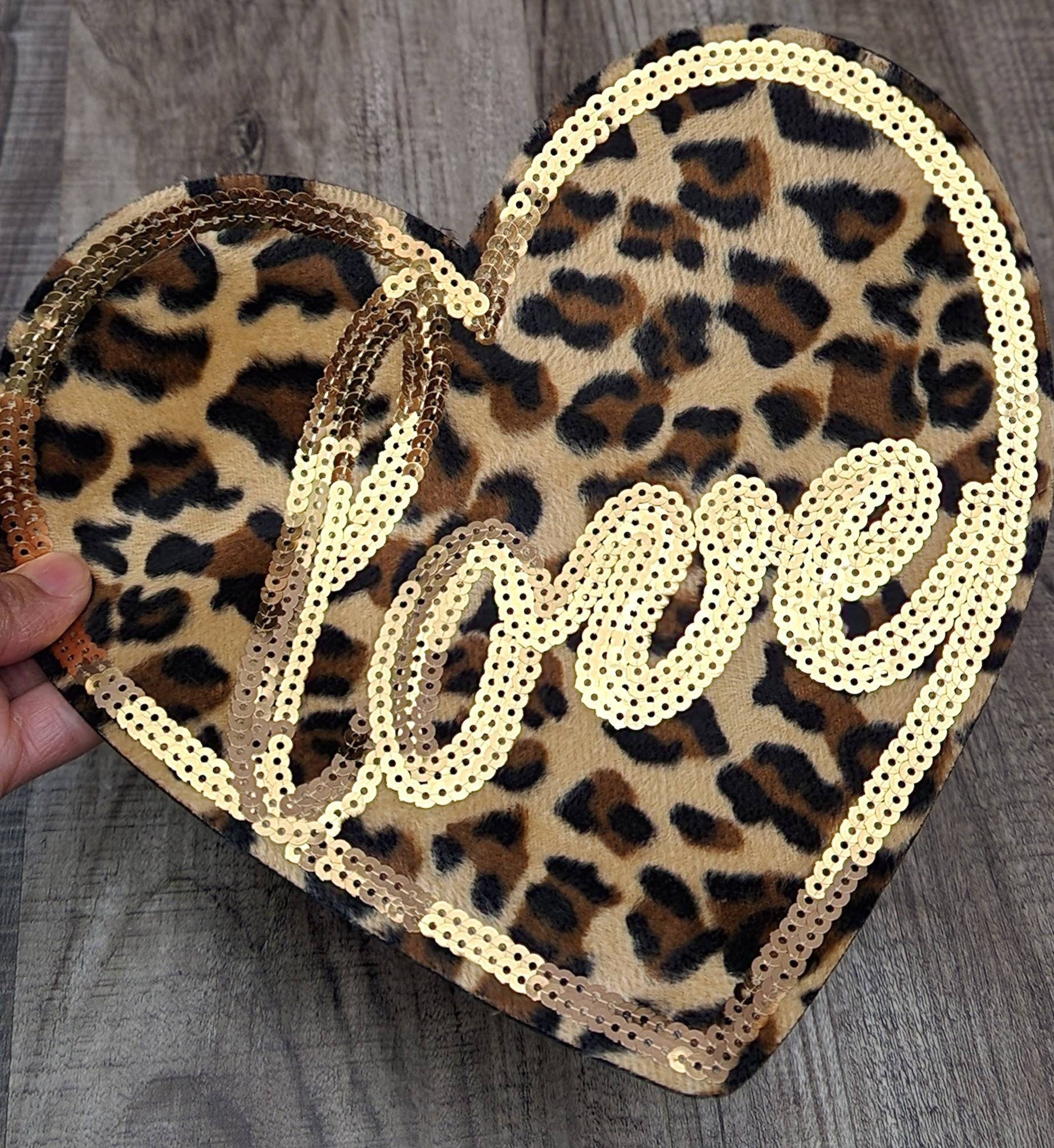 Sparkling Velvet & Sequins Leopard "Love" Heart, Size 10"x9" Sew-On Applique for Clothing and Accessories, Fuzzy Patch, Large Jacket Patch