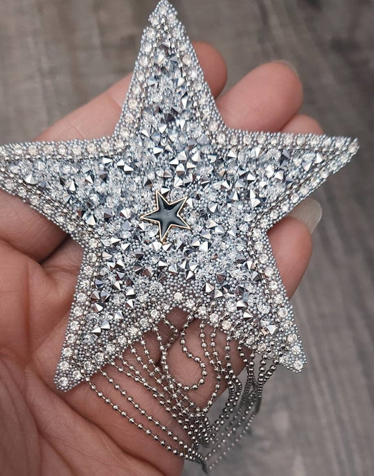 Exclusive, Silver 1-pc "Star" Rhinestone Dangling Chain Patch, Size 3" w/Tassels, Cool Applique For Clothing, Iron-on Patch, Sparkling Patch