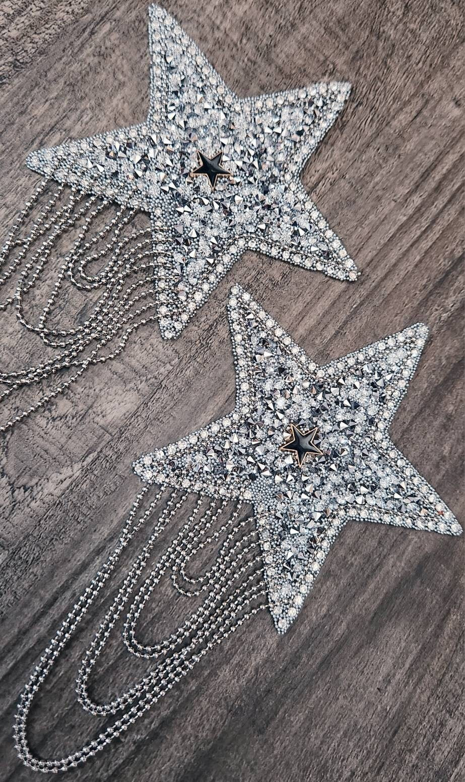 Exclusive, Silver 1-pc "Star" Rhinestone Dangling Chain Patch, Size 3" w/Tassels, Cool Applique For Clothing, Iron-on Patch, Sparkling Patch