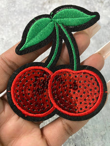 New, 2-pc Set, "Sparkling Cherry Patch" Embroidery and Sequins Fruit Design for Clothing and Accessories, Iron-on Applique, Size 2", Novelty