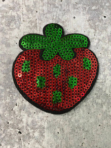 New, 2-pc Set, "Sparkling Strawberry Patch" Embroidery and Sequins Fruit Design for Clothing and Accessories, Iron-on Applique, Size 2"