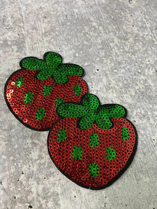 New, 2-pc Set, "Sparkling Strawberry Patch" Embroidery and Sequins Fruit Design for Clothing and Accessories, Iron-on Applique, Size 2"