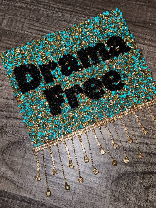 1-pc, Sparkling Statement: "Drama Free Rhinestone Patch" w/Bling Tassels, Iron-on Applique, Size 6"x6" Czech Rhinestones, DIY Fashion
