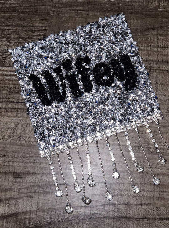 1-pc, Sparkling Statement: "WIFEY Rhinestone Patch" w/Crystal Bling Tassels, Iron-on Applique, Size 5"x6" Czech Rhinestones, DIY Fashion