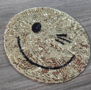 New Arrival, 1-pc, Sequins "Winking Happy Face" SEW-ON Patch, Large Patch; Sparkling Bling Patch, DIY Applique; Vintage Patch, Size 7"