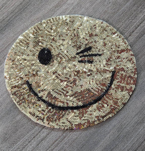 New Arrival, 1-pc, Sequins "Winking Happy Face" SEW-ON Patch, Large Patch; Sparkling Bling Patch, DIY Applique; Vintage Patch, Size 7"