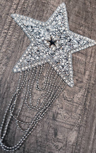 Exclusive, Silver 1-pc "Star" Rhinestone Dangling Chain Patch, Size 3" w/Tassels, Cool Applique For Clothing, Iron-on Patch, Sparkling Patch