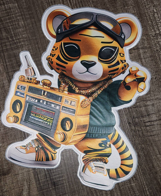 Luxury Collection: "Hip-Hop Radio Toting Tiger," Sz 12", 1-pc, Digital Patch w/ Embroidered Satin Border & Iron-On Backing, Patch for Jacket