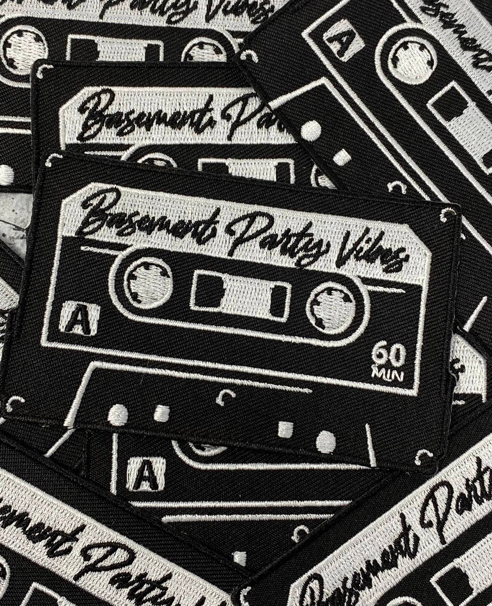 Retro Style Casette Tape, 1-pc, "Basement Party Vibes" Iron-On  Embroidered Patch, Size 3.85" Nostalgic Gifts, Small Patch for Jackets, Hats