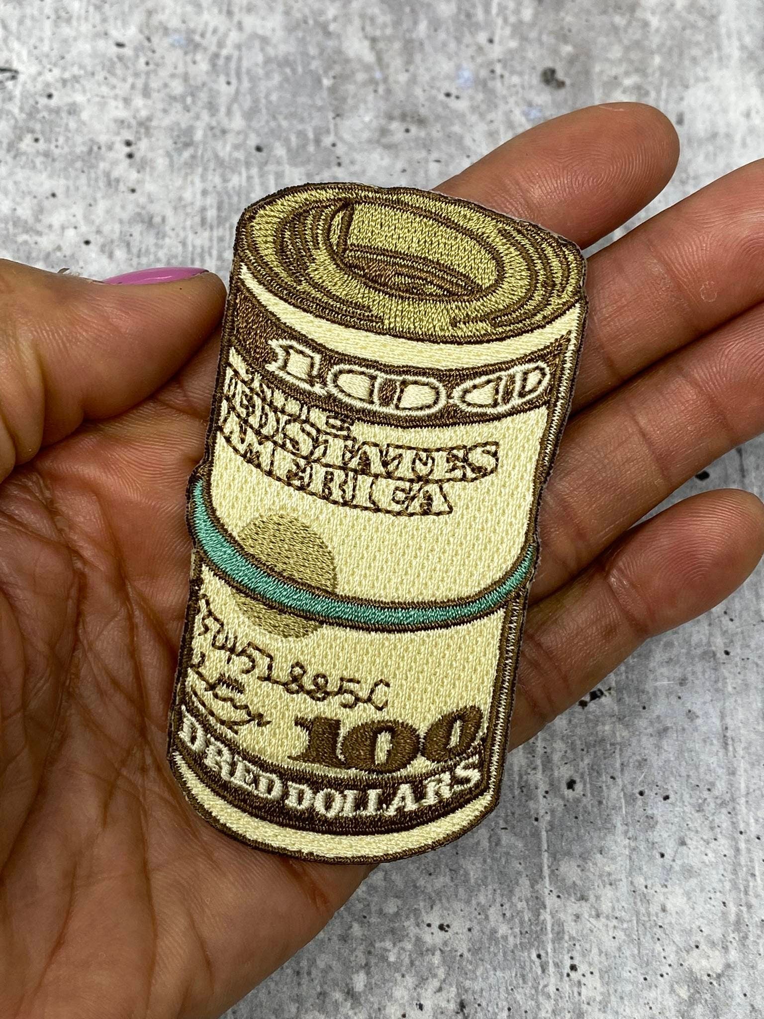 Exclusive, 1-pc, "100 dollar Bill" Money Roll, Size 3.5", Iron-on 100% Embroidered Patch; Hustler Gifts, Retro Style Gifts, DIY Applique