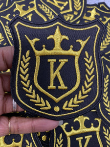 New, Gold Royal "K" (KING), 1-pc, Metallic Royalty Crest, Size 3.5", Iron-on Embroidered Patch, Patch for Men, Jackets, Hats, and More