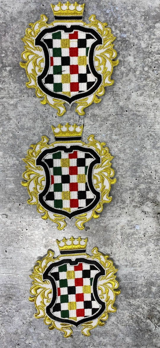 Afrocentric Royalty Emblem, 1-pc, Metallic Gold/Red/Green/Black Heraldic Crest, Size 3.5", Iron-on Embroidered Patch for Jackets and Hats