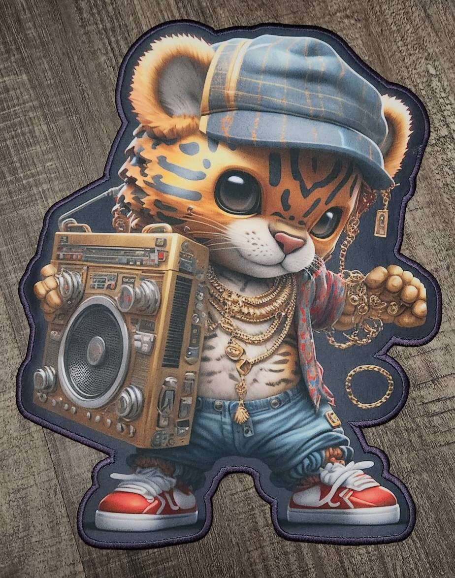 Luxury Collection: "Boomin' Boombox Bengal," Sz 12", 1-pc, Digital Patch w/ Embroidered Satin Border & Iron-On Backing, Patch for Jacket