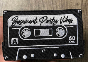 Retro Style Casette Tape, 1-pc, "Basement Party Vibes" Iron-On  Embroidered Patch, Size 3.85" Nostalgic Gifts, Small Patch for Jackets, Hats