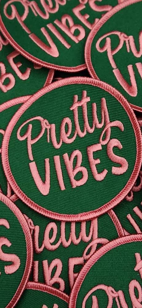 New, Adorable "Pretty Vibes," Popular Patch, Size 3", Pink & Green, Circular Iron-on Embroidered Patch; DIY Craft Apparel and Accessories