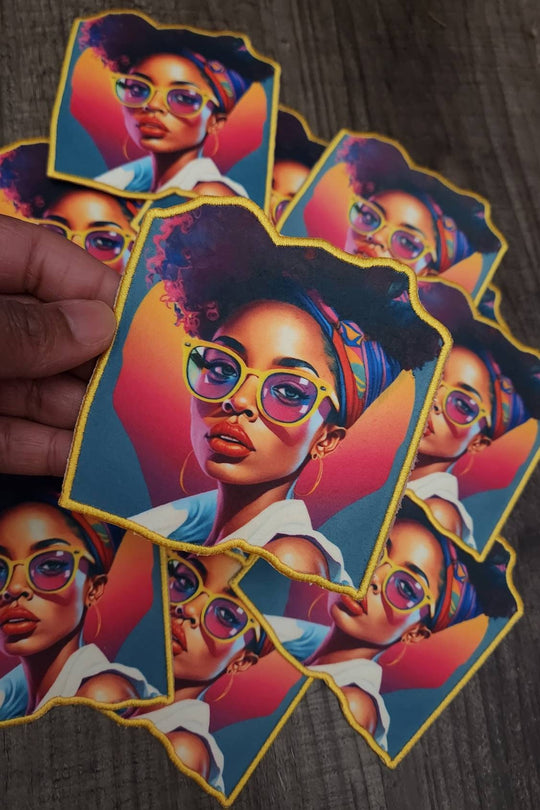 Luxury Collection: "Sunshine Lady in Shades" Sz 4", 1-pc, Digital Patch w/ Embroidered Satin Border & Iron-On Backing, Jacket Patch